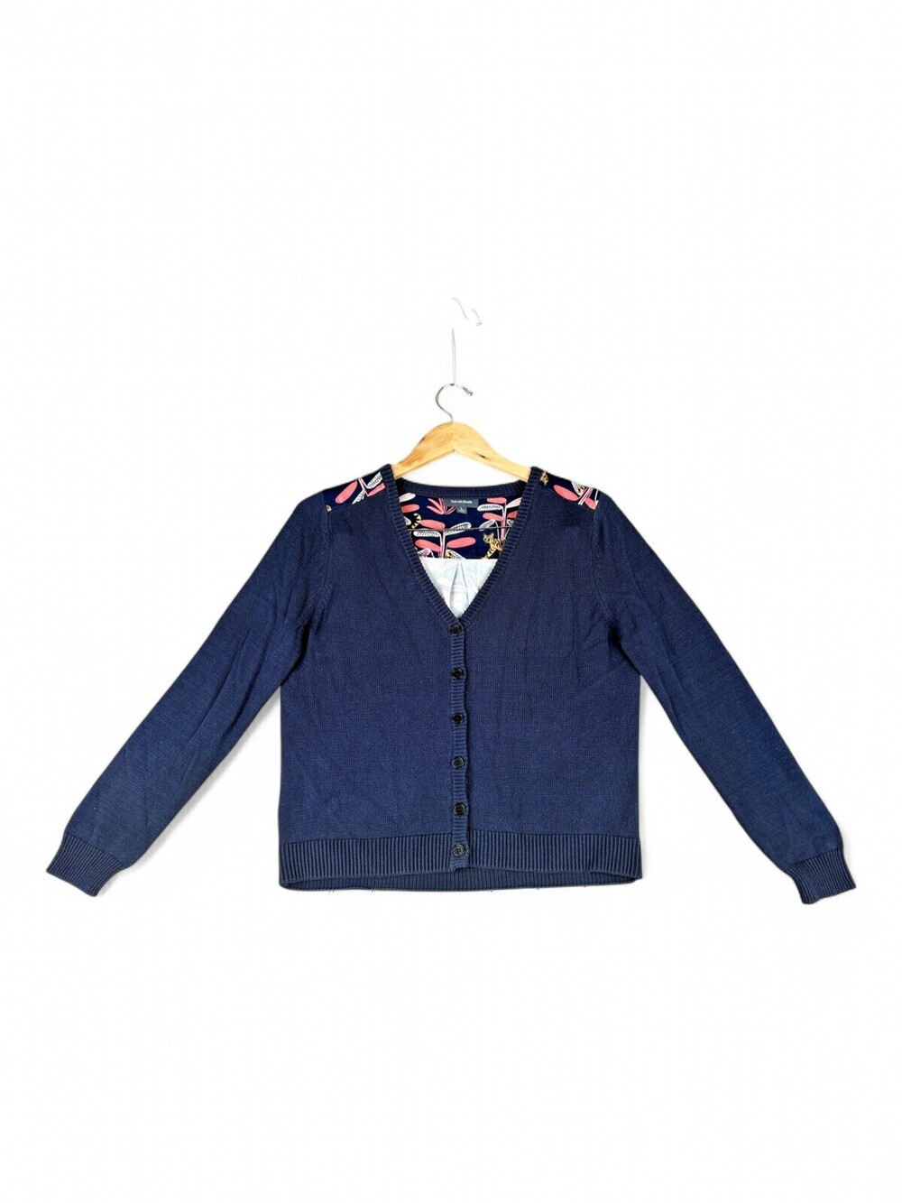 ModCloth Girls Navy V-Neck Cardigan Sweater L Floral Trim